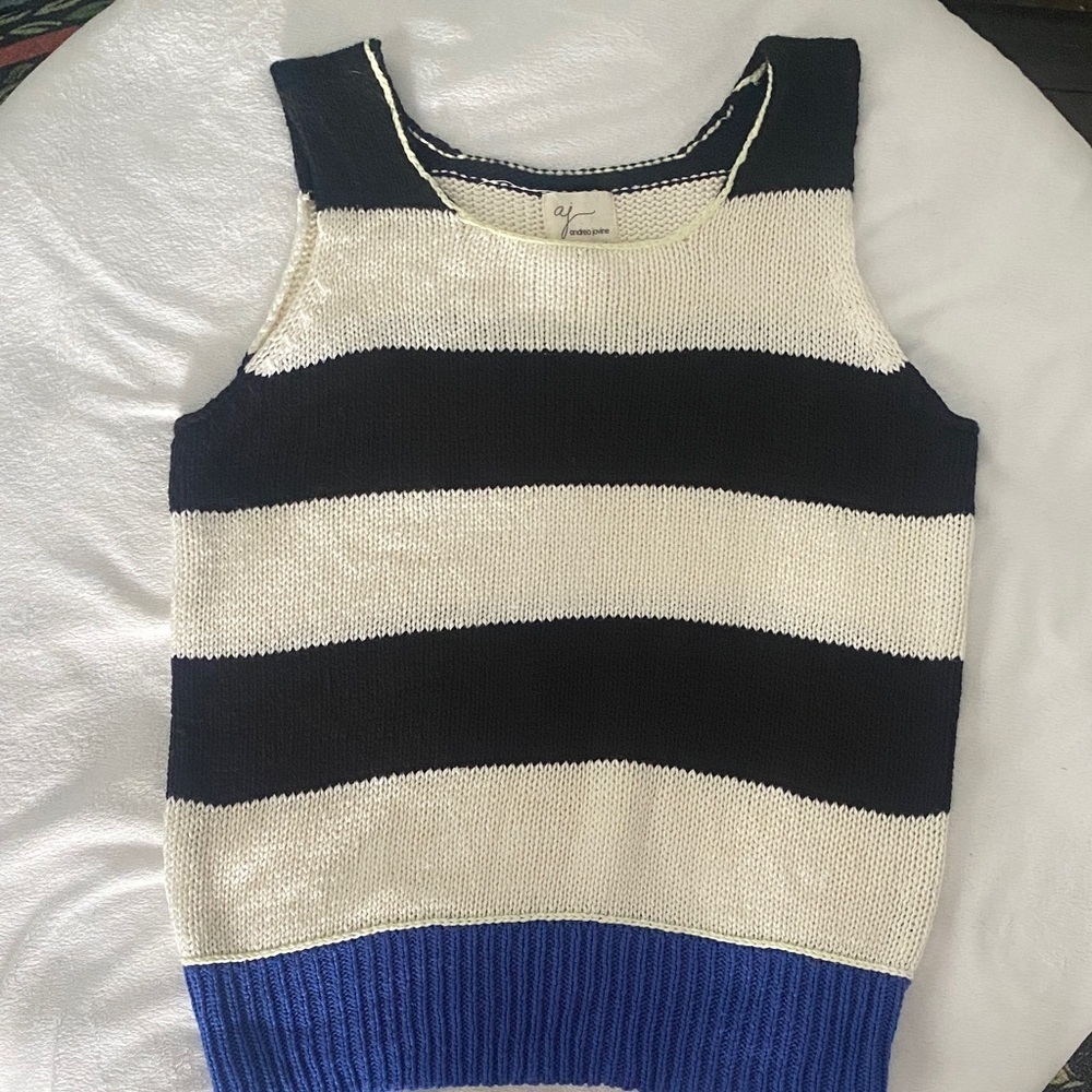 Andrea Jovine Knit Tank with Black, Cream, Blue Stripes